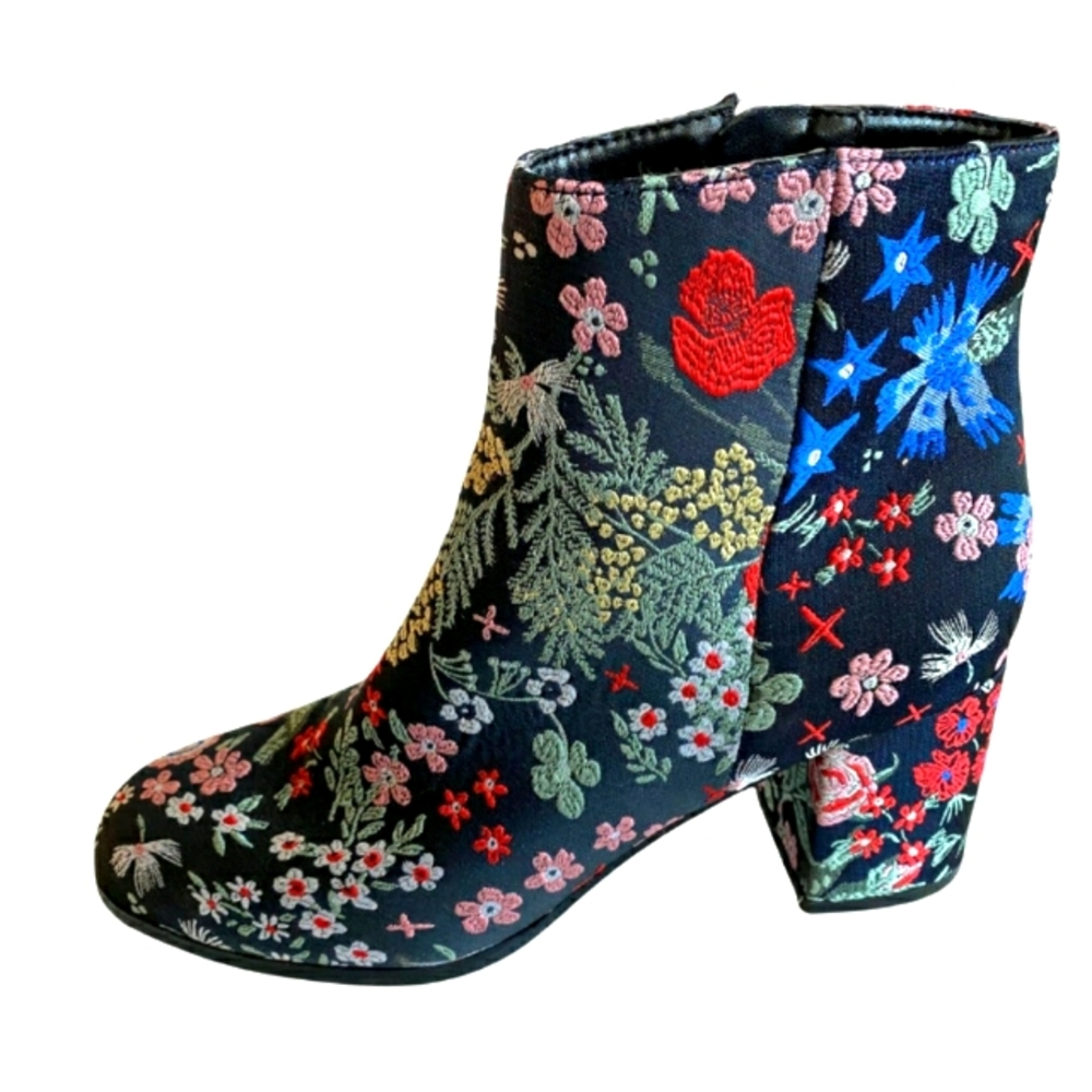 Indigo Multicolor Floral Embroidered Ankle Boots | 2.5" Heel